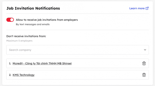 Notifications - Settings - Receive job invitations